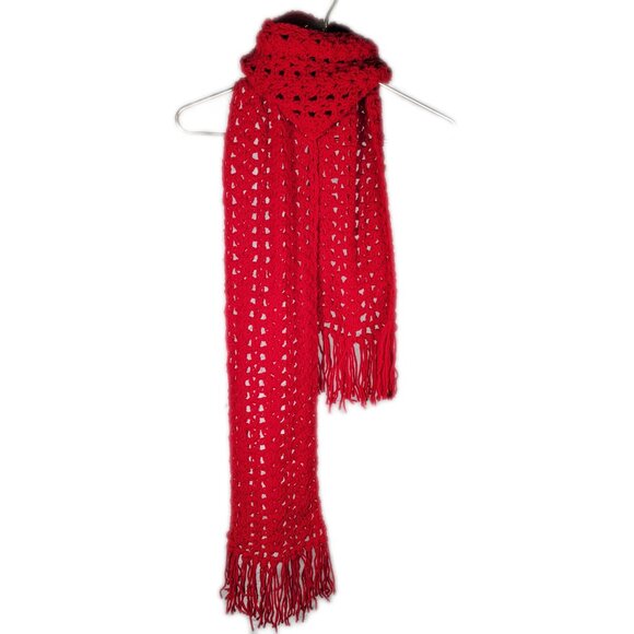 Vintage homemade scarf crocheted bright red fringe 7' long‎ - Picture 1 of 8